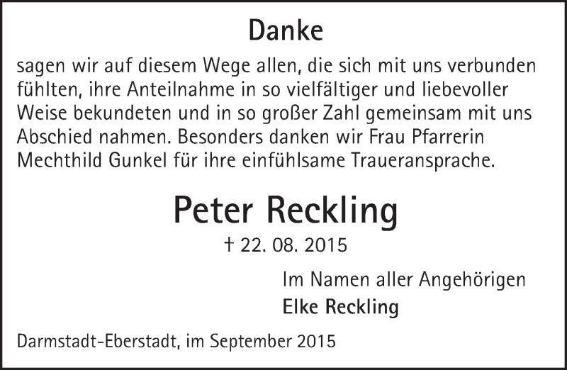  Traueranzeige für Peter Reckling vom 12.09.2015 aus trauer.echo-online.de