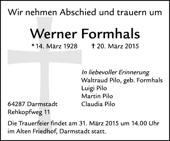 Traueranzeige von Werner Formhals von Echo-Zeitungen (Gesamtausgabe)