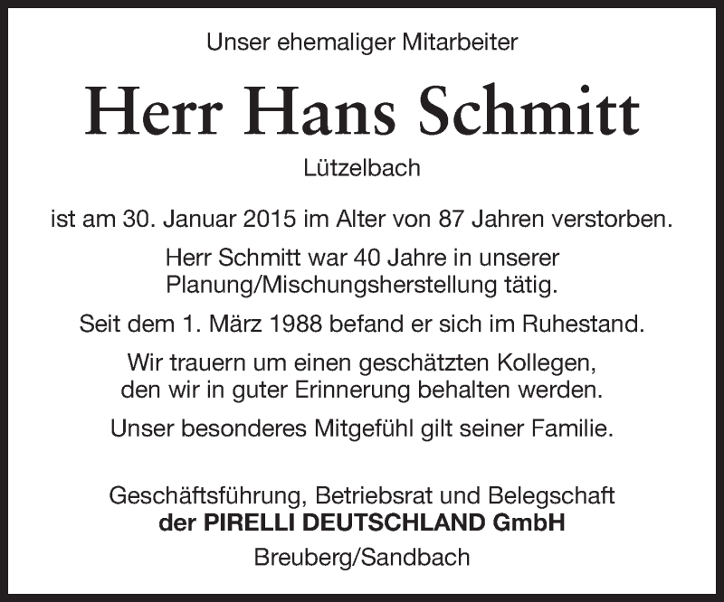  Traueranzeige für Hans Schmitt vom 07.02.2015 aus Odenwälder Echo