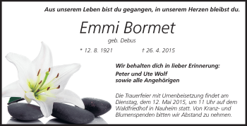Traueranzeige von Emmi Bormet von Rüsselsheimer Echo, Groß-Gerauer-Echo, Ried Echo