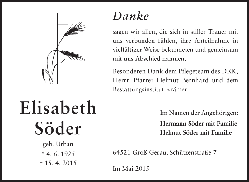  Traueranzeige für Elisabeth Söder vom 09.05.2015 aus Rüsselsheimer Echo, Groß-Gerauer-Echo, Ried Echo