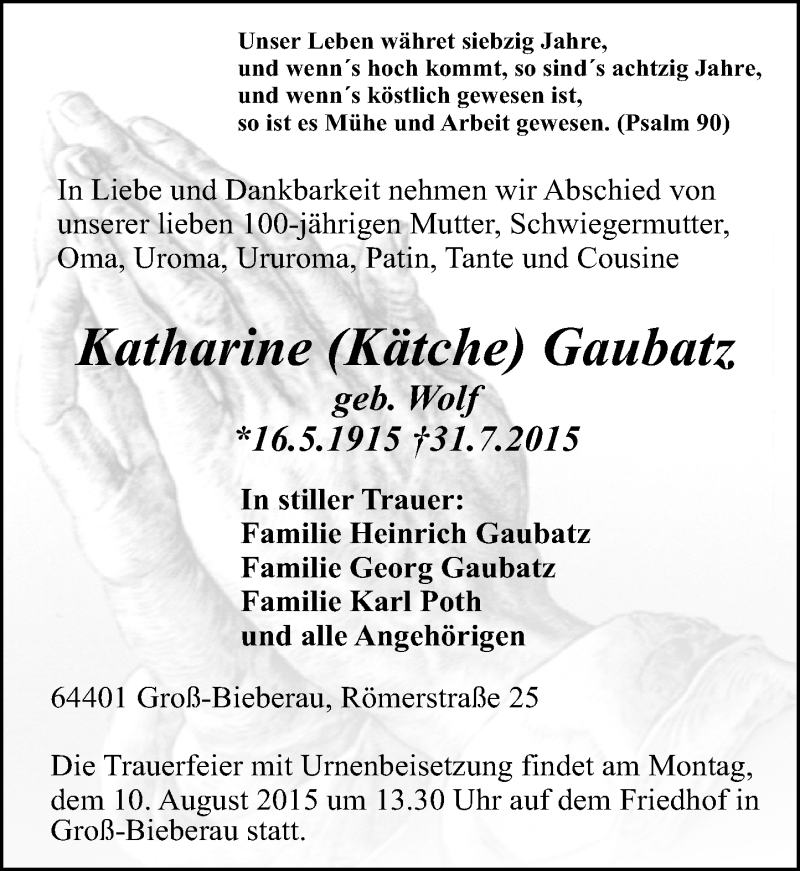  Traueranzeige für Katharine  Gaubatz vom 06.08.2015 aus trauer.echo-online.de