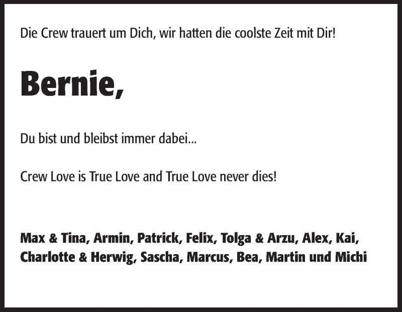  Traueranzeige für Bernie  vom 11.07.2015 aus Echo-Zeitungen (Gesamtausgabe)