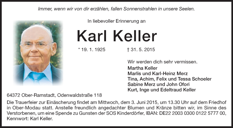  Traueranzeige für Karl Keller vom 02.06.2015 aus Darmstädter Echo, Odenwälder Echo, Rüsselsheimer Echo, Groß-Gerauer-Echo, Ried Echo