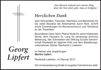 Traueranzeige von Georg Lipfert von Rüsselsheimer Echo, Groß-Gerauer-Echo, Ried Echo