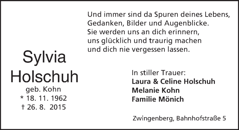  Traueranzeige für Sylvia Holschuh vom 19.09.2015 aus trauer.echo-online.de