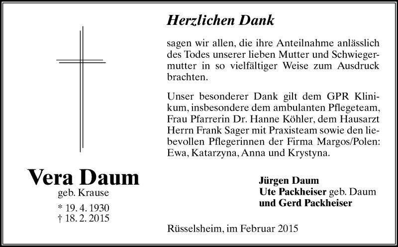  Traueranzeige für Vera Daum vom 28.02.2015 aus Rüsselsheimer Echo, Groß-Gerauer-Echo, Ried Echo