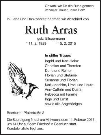 Traueranzeige von Ruth Arras von Odenwälder Echo