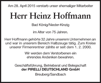 Traueranzeige von Heinz Hoffmann von Odenwälder Echo