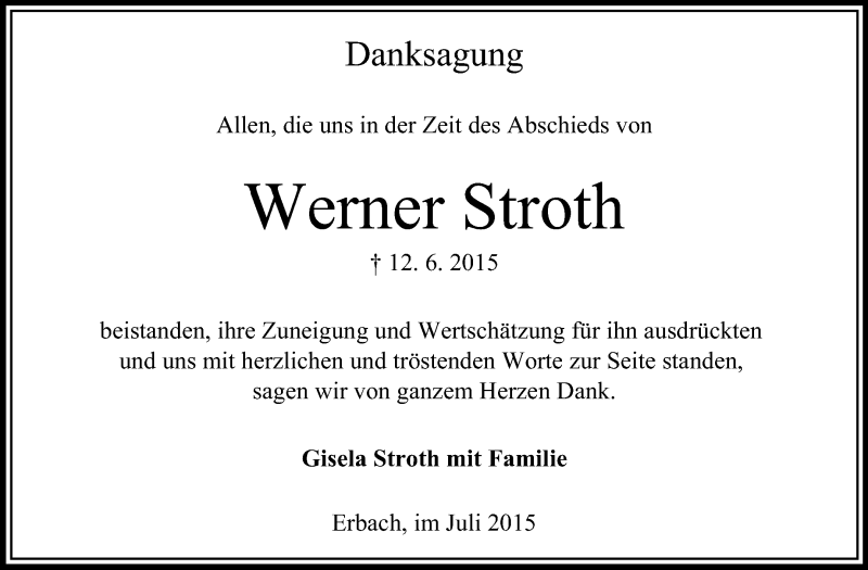  Traueranzeige für Werner Stroth vom 04.07.2015 aus Odenwälder Echo