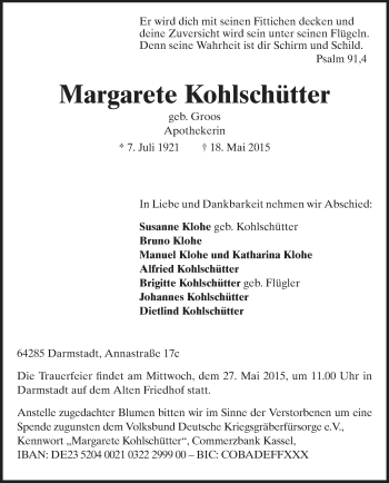 Traueranzeige von Margarete Kohlschütter von Echo-Zeitungen (Gesamtausgabe)