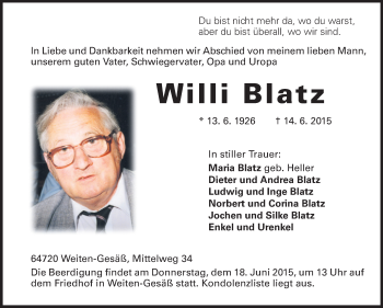 Traueranzeige von Willi Blatz von Odenwälder Echo