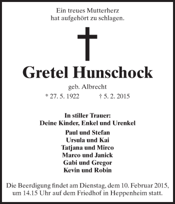 Traueranzeige von Gretel Hunschock von Starkenburger Echo