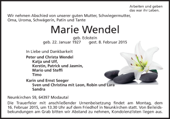 Traueranzeige von Marie Wendel von Echo-Zeitungen (Gesamtausgabe)