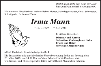 Traueranzeige von Irma Mann von Rüsselsheimer Echo, Groß-Gerauer-Echo, Ried Echo