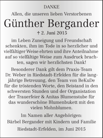 Traueranzeige von Günther Bergander von Rüsselsheimer Echo, Groß-Gerauer-Echo, Ried Echo