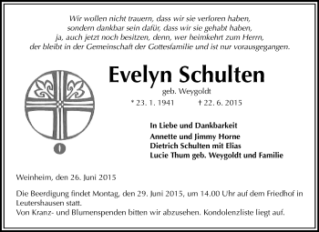 Traueranzeige von Evelyn Schulten von Rüsselsheimer Echo, Groß-Gerauer-Echo, Ried Echo