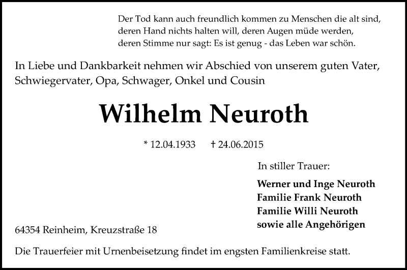  Traueranzeige für Wilhelm Neuroth vom 27.06.2015 aus Echo-Zeitungen (Gesamtausgabe)