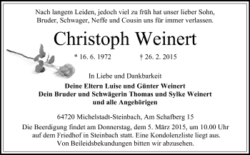 Traueranzeige von Christoph Weinert von Odenwälder Echo