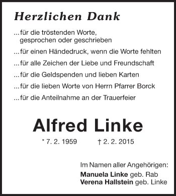 Traueranzeige von Alfred Linke von Odenwälder Echo