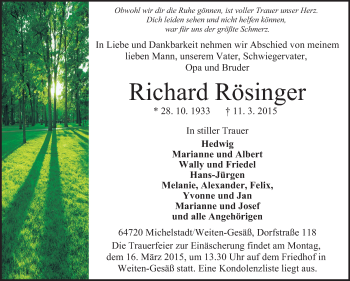 Traueranzeige von Richard Rösinger von Odenwälder Echo