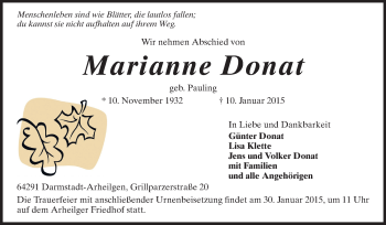 Traueranzeige von Marianne Donat von Echo-Zeitungen (Gesamtausgabe)