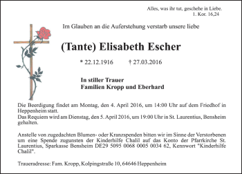 Traueranzeige von Elisabeth Escher von Trauer.Echo-Online.de