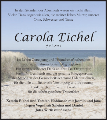 Traueranzeige von Carola Eichel von Echo-Zeitungen (Gesamtausgabe)