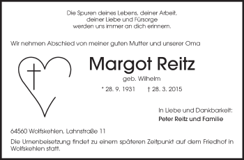 Traueranzeige von Margot Reitz von Echo-Zeitungen (Gesamtausgabe)