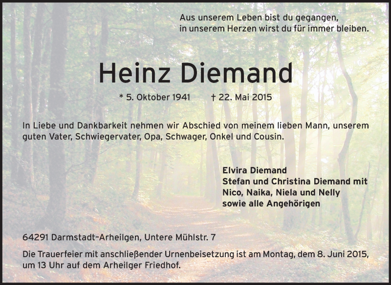  Traueranzeige für Heinz Diemand vom 30.05.2015 aus Echo-Zeitungen (Gesamtausgabe)