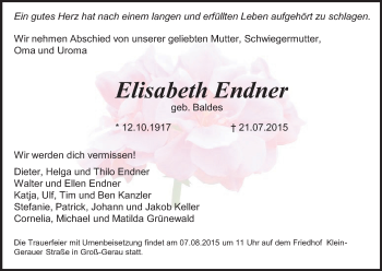 Traueranzeige von Elisabeth Endner von Echo-Zeitungen (Gesamtausgabe)