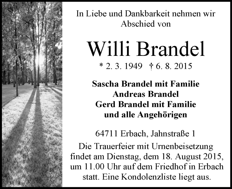  Traueranzeige für Willi Brandel vom 15.08.2015 aus trauer.echo-online.de