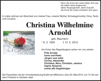 Traueranzeige von Christina Wilhelmine Arnold von Rüsselsheimer Echo, Groß-Gerauer-Echo, Ried Echo