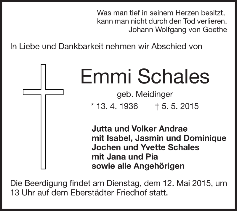  Traueranzeige für Emmi Schales vom 09.05.2015 aus Echo-Zeitungen (Gesamtausgabe)