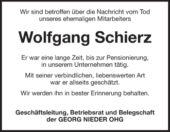 Traueranzeige von Wolfgang Schierz von Odenwälder Echo