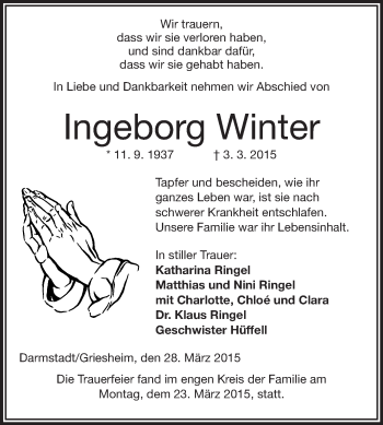 Traueranzeige von Ingeborg Winter  von Echo-Zeitungen (Gesamtausgabe)