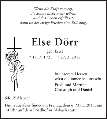 Traueranzeige von Else Dörr von Echo-Zeitungen (Gesamtausgabe)