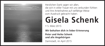 Traueranzeige von Gisela Schenk von Echo-Zeitungen (Gesamtausgabe)