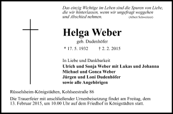 Traueranzeige von Helga Weber von Rüsselsheimer Echo, Groß-Gerauer-Echo, Ried Echo