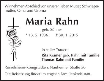 Traueranzeige von Maria Rahn von Rüsselsheimer Echo, Groß-Gerauer-Echo, Ried Echo