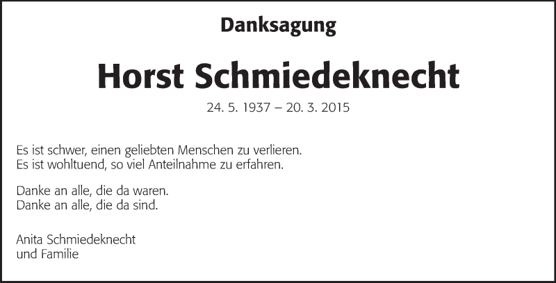  Traueranzeige für Horst Schmiedeknecht vom 02.05.2015 aus Echo-Zeitungen (Gesamtausgabe)