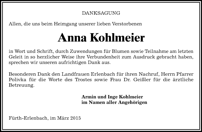  Traueranzeige für Anna Kohlmeier vom 02.03.2015 aus Starkenburger Echo