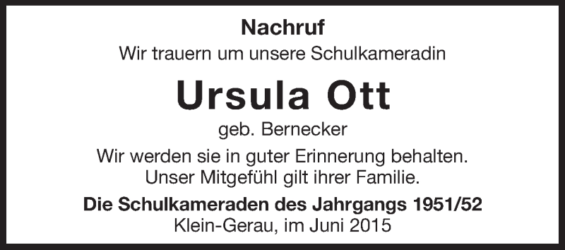  Traueranzeige für Ursula Ott vom 04.07.2015 aus Rüsselsheimer Echo, Groß-Gerauer-Echo, Ried Echo