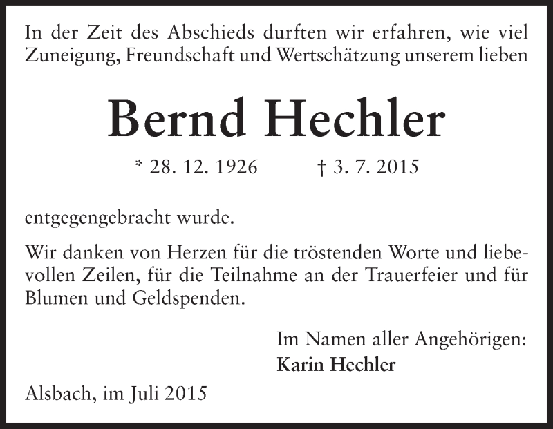  Traueranzeige für Bernd Hechler vom 25.07.2015 aus Echo-Zeitungen (Gesamtausgabe)