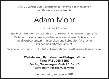 Traueranzeige von Adam Mohr von Odenwälder Echo