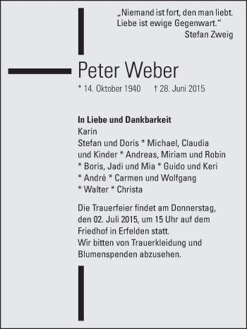 Traueranzeige von Peter Weber von Rüsselsheimer Echo, Groß-Gerauer-Echo, Ried Echo
