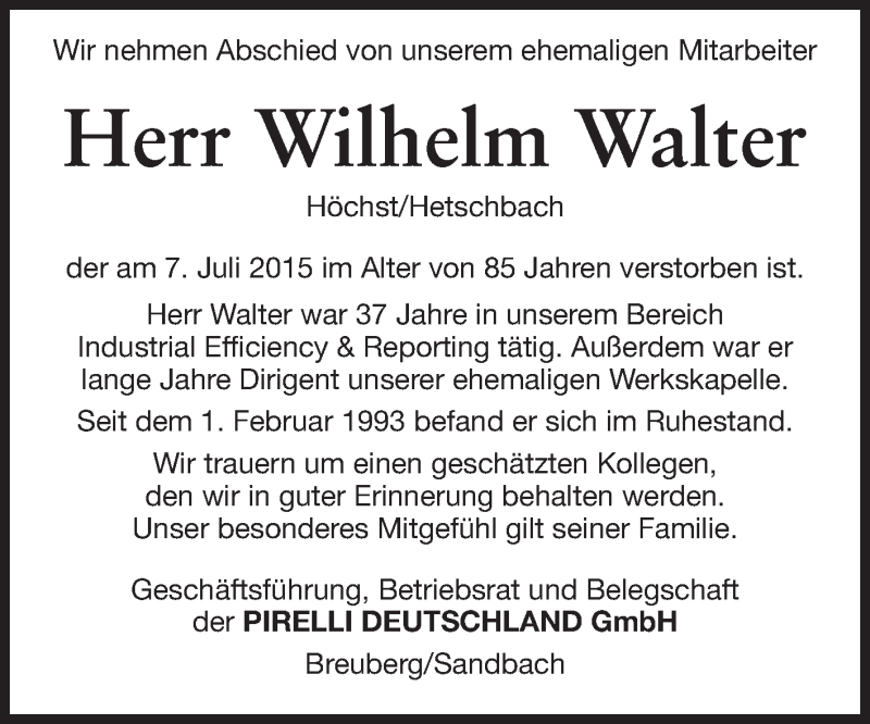 Traueranzeige für Wilhelm Walter vom 13.07.2015 aus Odenwälder Echo