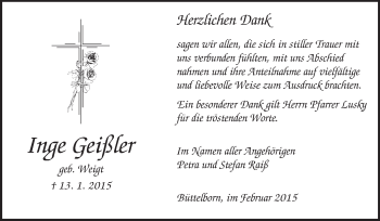Traueranzeige von Inge Geißler von Echo-Zeitungen (Gesamtausgabe)