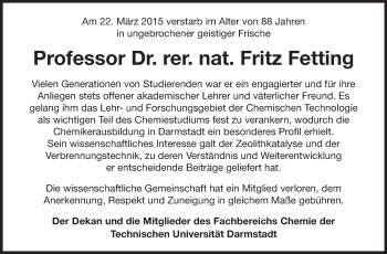 Traueranzeige von Fritz Fetting von Echo-Zeitungen (Gesamtausgabe)