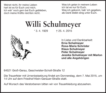Traueranzeige von Willi Schulmeyer von Rüsselsheimer Echo, Groß-Gerauer-Echo, Ried Echo